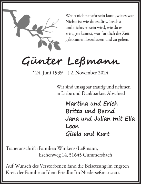 Anzeige von Günter Leßmann von  Anzeigen Echo 