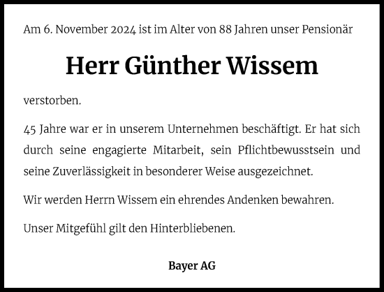 Anzeige von Günther Wissem von Kölner Stadt-Anzeiger / Kölnische Rundschau / Express