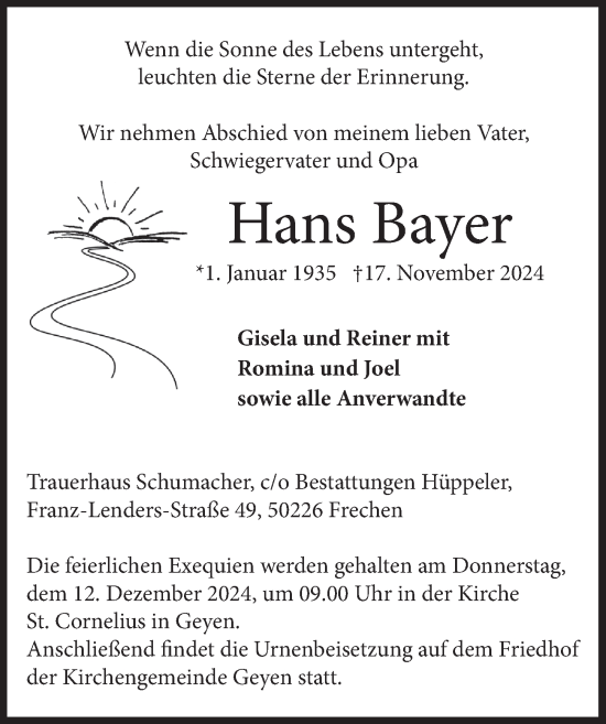 Anzeige von Hans Bayer von  Wochenende 