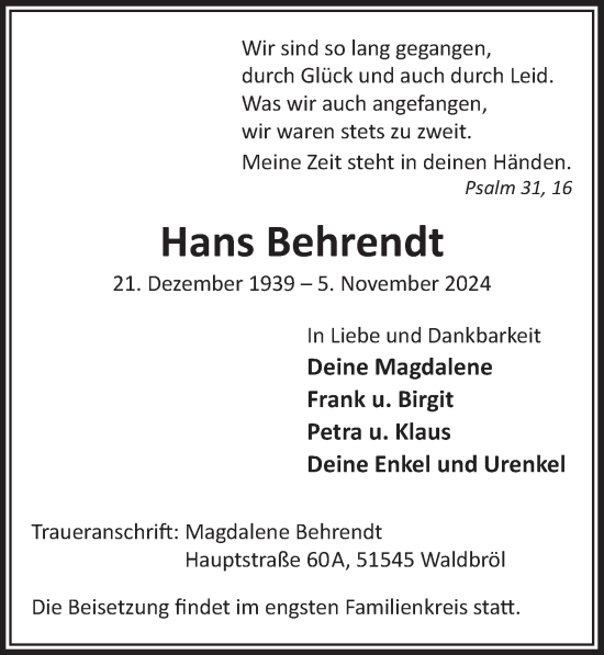 Anzeige von Hans Behrendt von  Anzeigen Echo  Lokalanzeiger 
