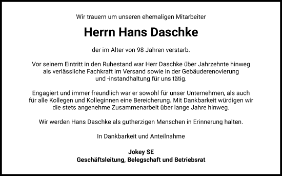 Anzeige von Hans Daschke von Kölner Stadt-Anzeiger / Kölnische Rundschau / Express