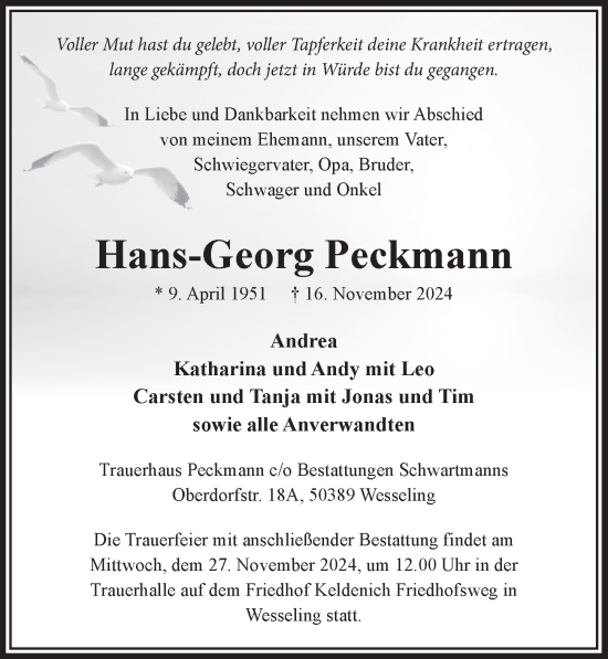 Anzeige von Hans-Georg Peckmann von  Schlossbote/Werbekurier 