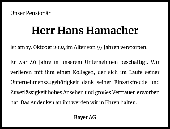 Anzeige von Hans Hamacher von Kölner Stadt-Anzeiger / Kölnische Rundschau / Express