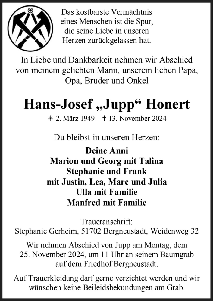  Traueranzeige für Hans-Josef Honert vom 22.11.2024 aus  Anzeigen Echo 