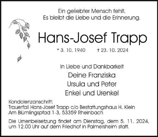 Anzeige von Hans-Josef Trapp von  Blickpunkt Euskirchen 
