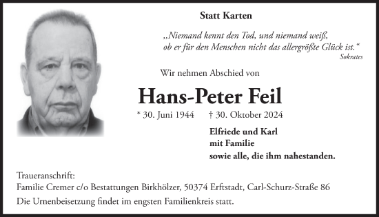 Anzeige von Hans-Peter Feil von  Werbepost 