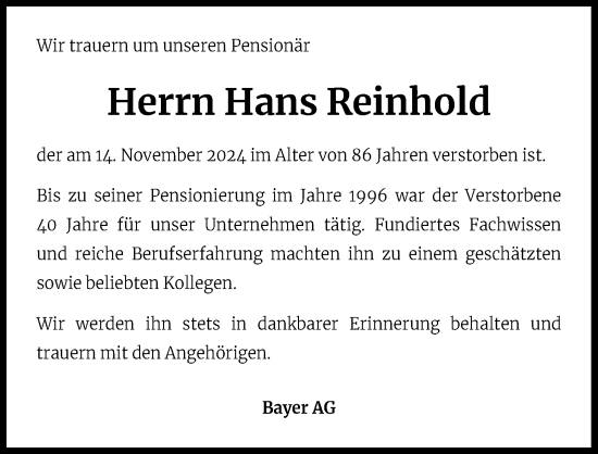 Anzeige von Hans Reinhold von Kölner Stadt-Anzeiger / Kölnische Rundschau / Express