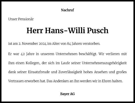 Anzeige von Hans-Willi Pusch von Kölner Stadt-Anzeiger / Kölnische Rundschau / Express