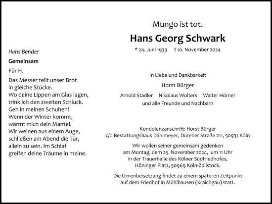 Anzeige von Hans Georg Schwark von Kölner Stadt-Anzeiger / Kölnische Rundschau / Express