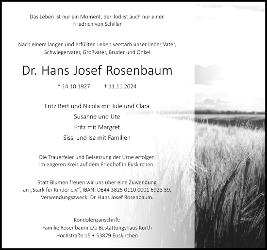 Anzeige von Hans Josef Rosenbaum von Kölner Stadt-Anzeiger / Kölnische Rundschau / Express