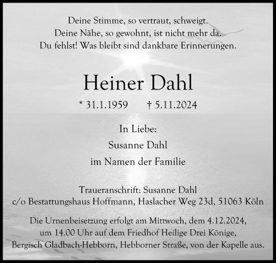 Anzeige von Heiner Dahl von Kölner Stadt-Anzeiger / Kölnische Rundschau / Express