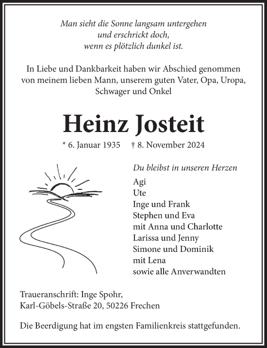 Anzeige von Heinz Josteit von  Wochenende 