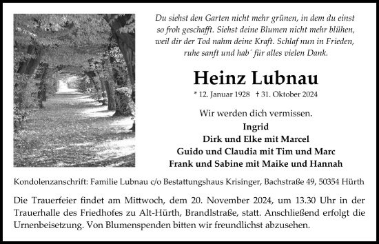 Anzeige von Heinz Lubnau von  Wochenende 