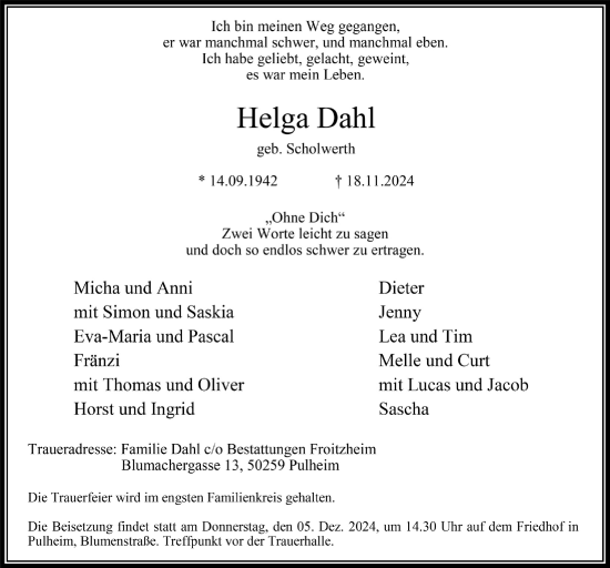 Anzeige von Helga Dahl von  Wochenende 