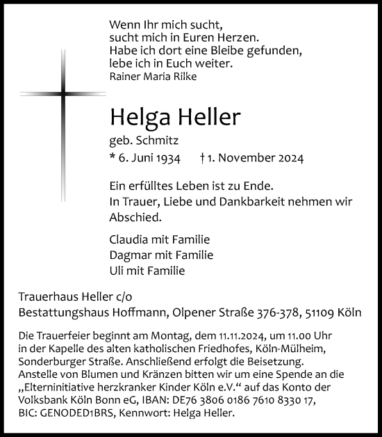 Anzeige von Helga Heller von Kölner Stadt-Anzeiger / Kölnische Rundschau / Express