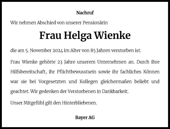 Anzeige von Helga Wienke von Kölner Stadt-Anzeiger / Kölnische Rundschau / Express