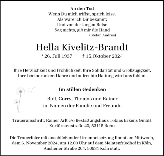 Anzeige von Hella Kivelitz-Brandt von Kölner Stadt-Anzeiger / Kölnische Rundschau / Express