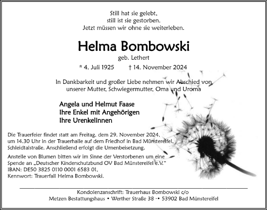 Anzeige von Helma Bombowski von  Blickpunkt Euskirchen 