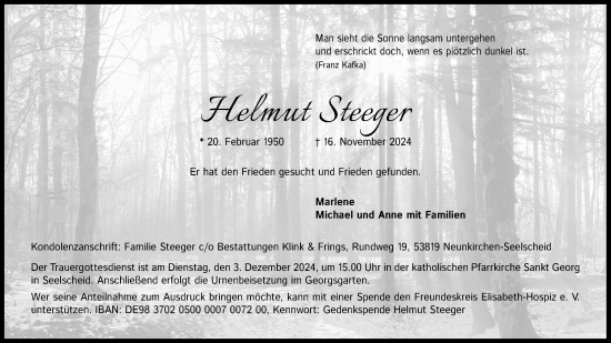 Anzeige von Helmut Steeger von Kölner Stadt-Anzeiger / Kölnische Rundschau / Express