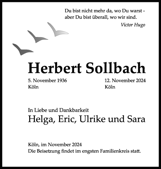 Anzeige von Herbert Sollbach von Kölner Stadt-Anzeiger / Kölnische Rundschau / Express