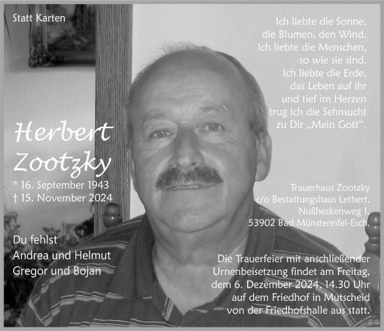 Anzeige von Herbert Zootzky von  Blickpunkt Euskirchen 