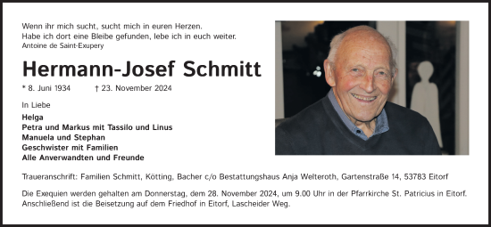 Anzeige von Hermann-Josef Schmitt von Kölner Stadt-Anzeiger / Kölnische Rundschau / Express