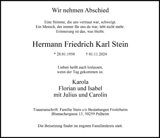 Anzeige von Hermann  Stein von  Wochenende 
