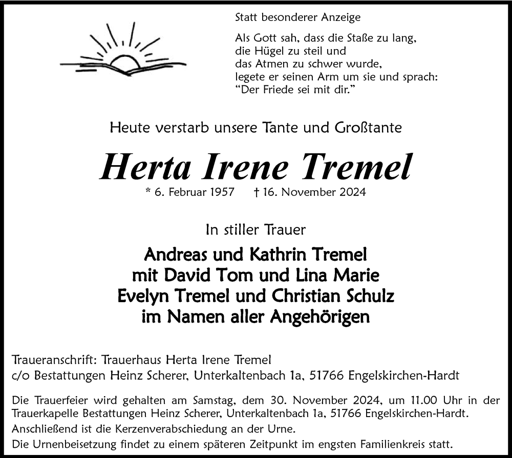  Traueranzeige für Herta Irene Tremel vom 22.11.2024 aus  Anzeigen Echo 