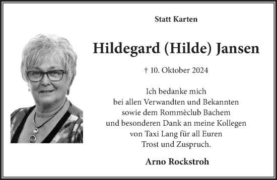Anzeige von Hildegard Jansen von  Wochenende 