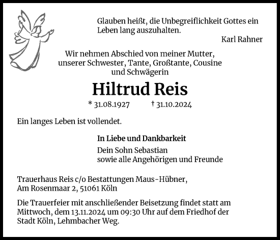 Anzeige von Hiltrud Reis von Kölner Stadt-Anzeiger / Kölnische Rundschau / Express