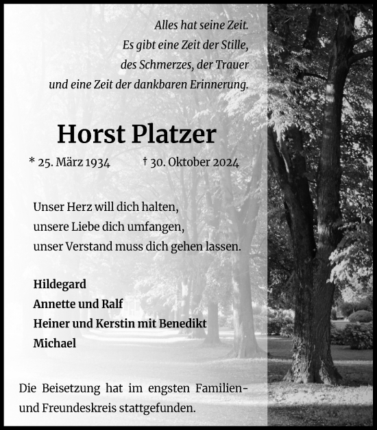 Anzeige von Horst Platzer von Kölner Stadt-Anzeiger / Kölnische Rundschau / Express
