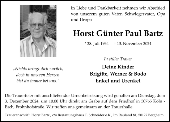 Anzeige von Horst Günter Paul Bartz von  EXPRESS - Die Woche 