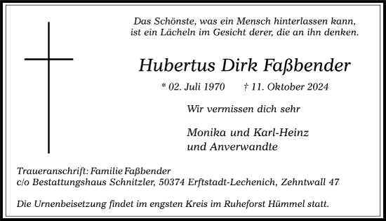 Anzeige von Hubertus Dirk Faßbender von  Werbepost 