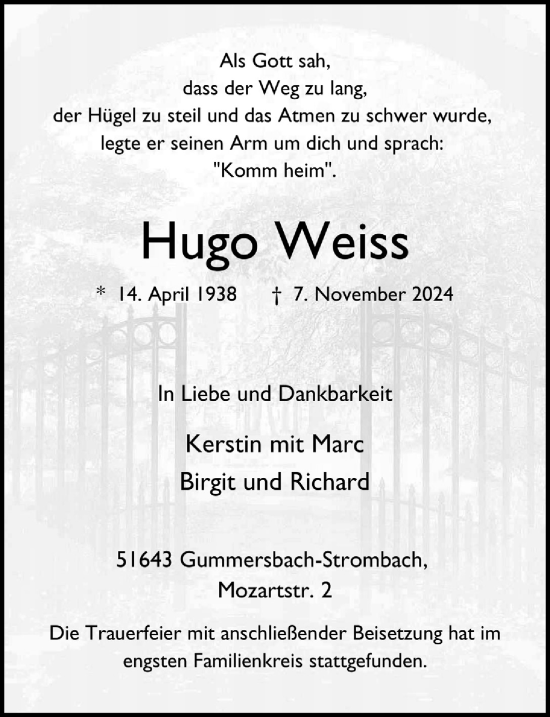 Anzeige von Hugo Weiss von  Anzeigen Echo 