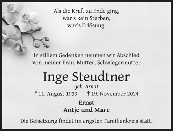 Anzeige von Inge Steudtner von  Schlossbote/Werbekurier 