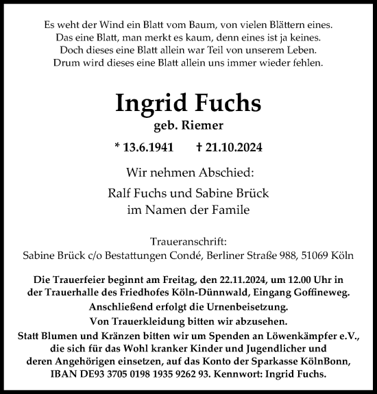 Anzeige von Ingrid Fuchs von Kölner Stadt-Anzeiger / Kölnische Rundschau / Express