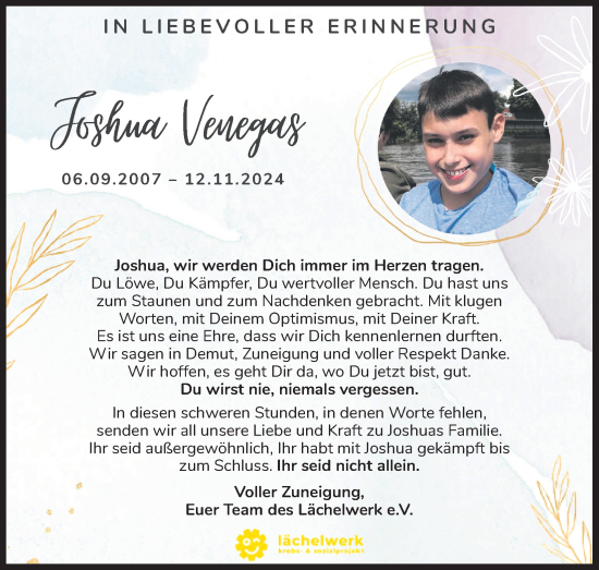 Anzeige von Joshua Venegas von Kölner Stadt-Anzeiger / Kölnische Rundschau / Express