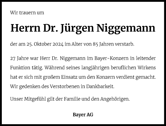 Anzeige von Jürgen Niggemann von Kölner Stadt-Anzeiger / Kölnische Rundschau / Express