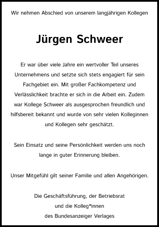 Anzeige von Jürgen Schweer von Kölner Stadt-Anzeiger / Kölnische Rundschau / Express