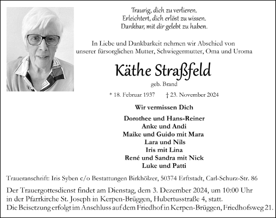 Anzeige von Käthe Straßfeld von  Werbepost 