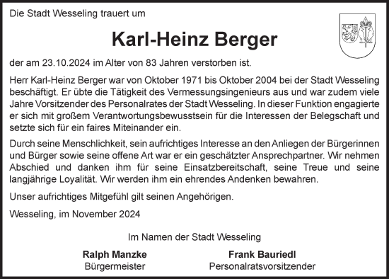 Anzeige von Karl-Heinz Berger von  Schlossbote/Werbekurier 