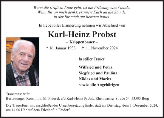 Anzeige von Karl-Heinz Probst von  Schaufenster/Blickpunkt 