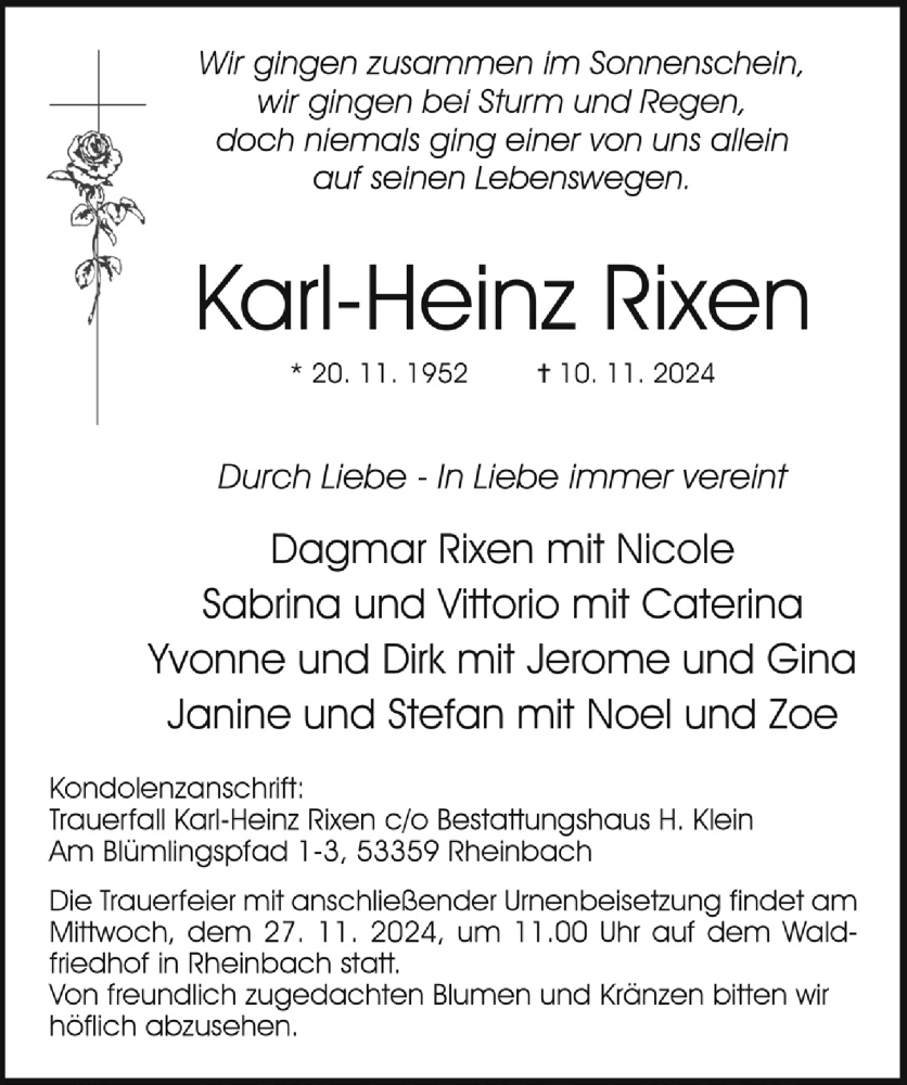  Traueranzeige für Karl-Heinz Rixen vom 22.11.2024 aus  Schaufenster/Blickpunkt 