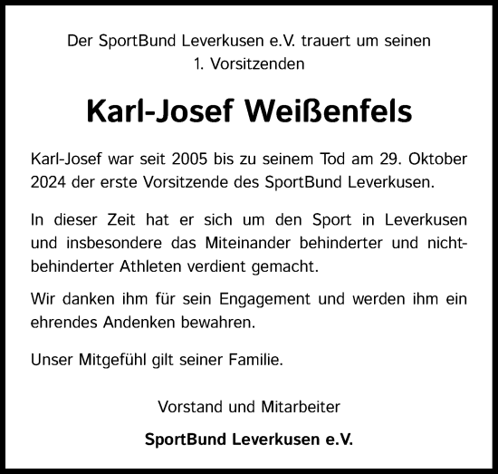 Anzeige von Karl-Josef Weißenfels von Kölner Stadt-Anzeiger / Kölnische Rundschau / Express