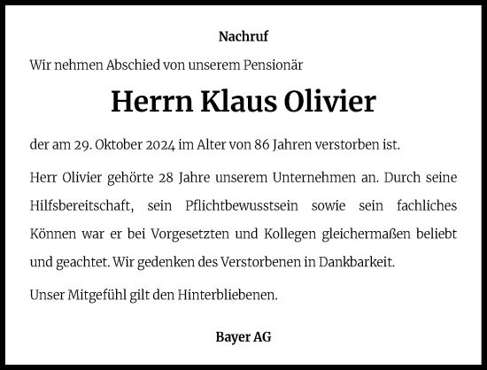 Anzeige von Klaus Olivier von Kölner Stadt-Anzeiger / Kölnische Rundschau / Express