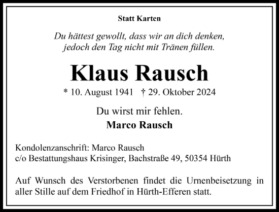 Anzeige von Klaus Rausch von  Wochenende 
