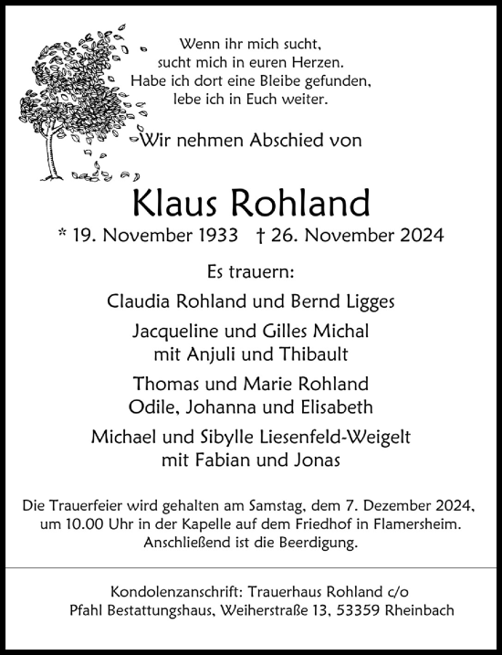Anzeige von Klaus Rohland von  Blickpunkt Euskirchen 