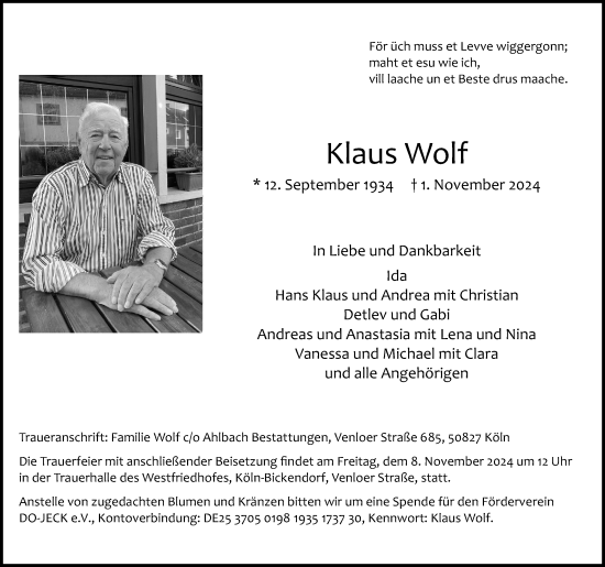 Anzeige von Klaus Wolf von Kölner Stadt-Anzeiger / Kölnische Rundschau / Express