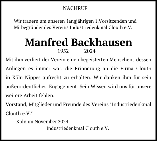 Anzeige von Manfred Backhausen von Kölner Stadt-Anzeiger / Kölnische Rundschau / Express