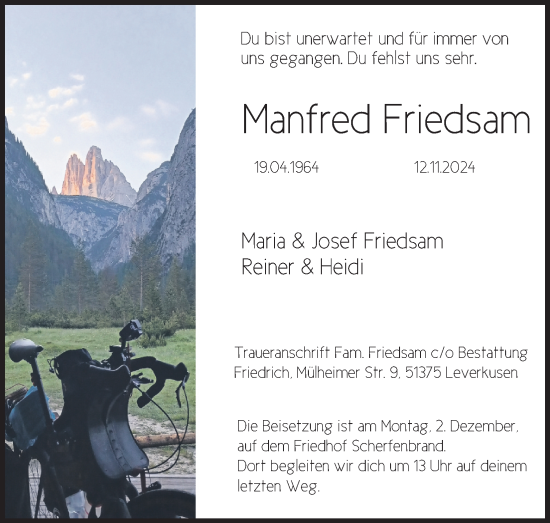 Anzeige von Manfred Friedsam von Kölner Stadt-Anzeiger / Kölnische Rundschau / Express